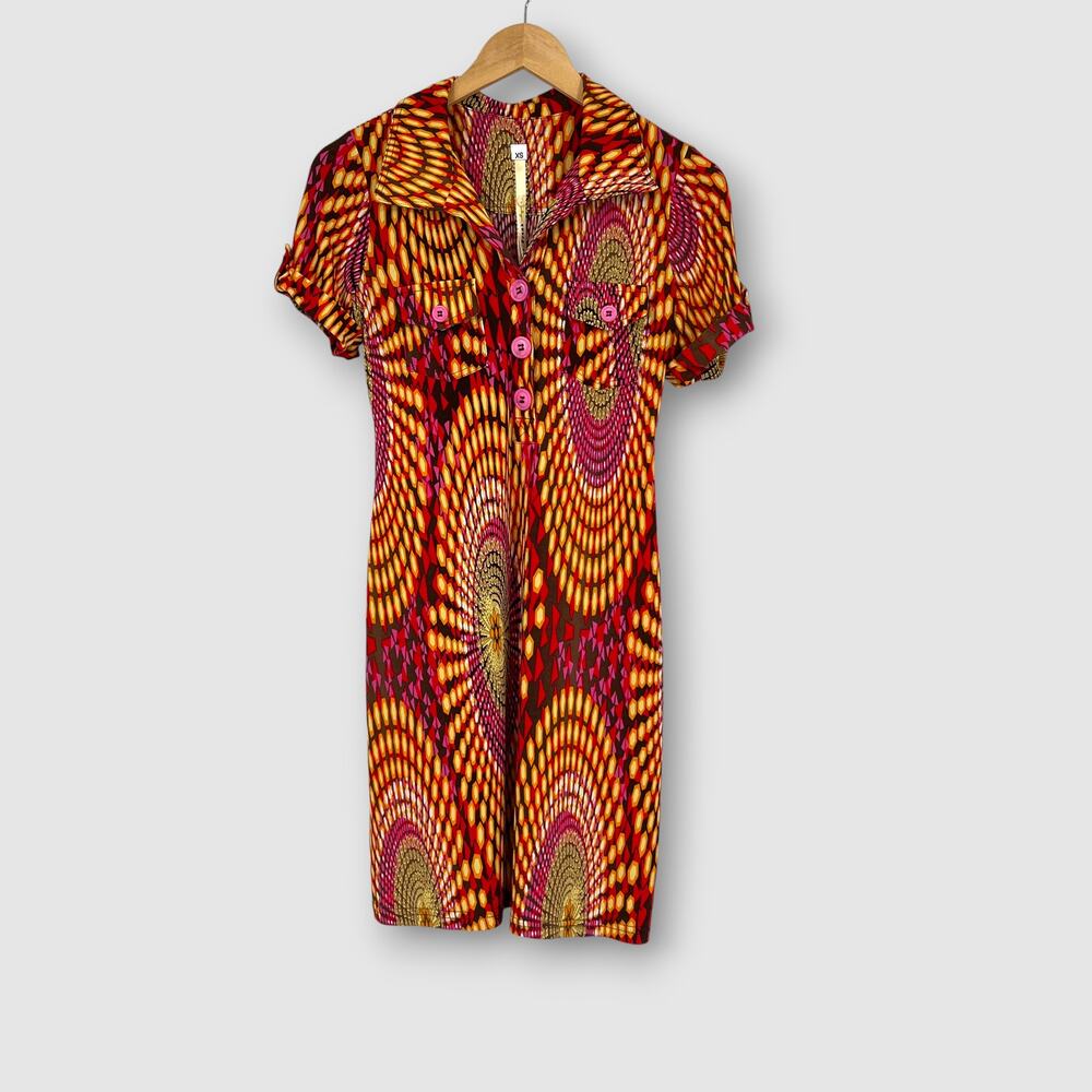 Uncle Frank Psychedelic Print Shirt Dress Retro Mod Button Front Size XS